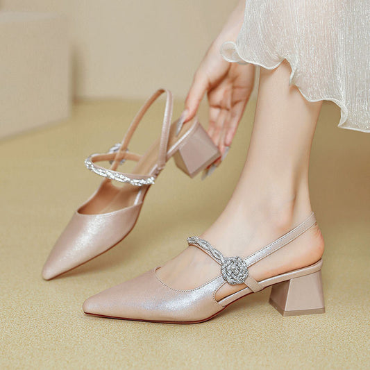 Chunky Heel Silver With Pointed Toe High Heels