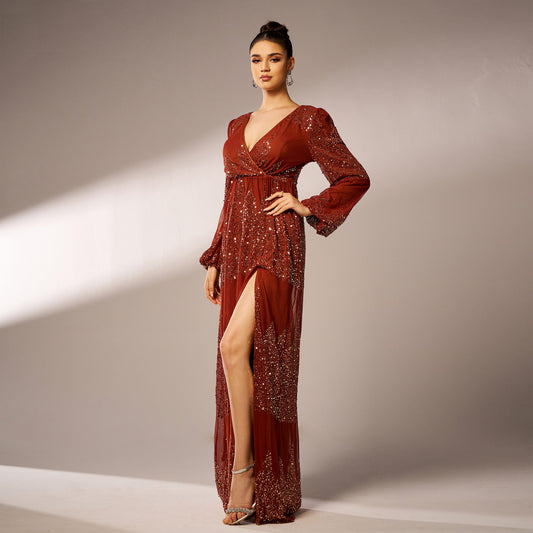 Long Sleeve V-neck Sexy Long Sequined Evening Dress